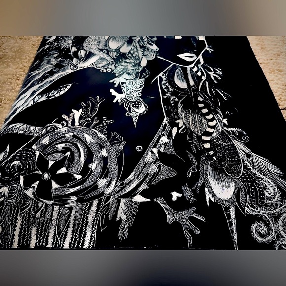 Handmade Black & White Sea Shell Mermaid Ocean Fantasy Scratchboard Artwork - Picture 10 of 10